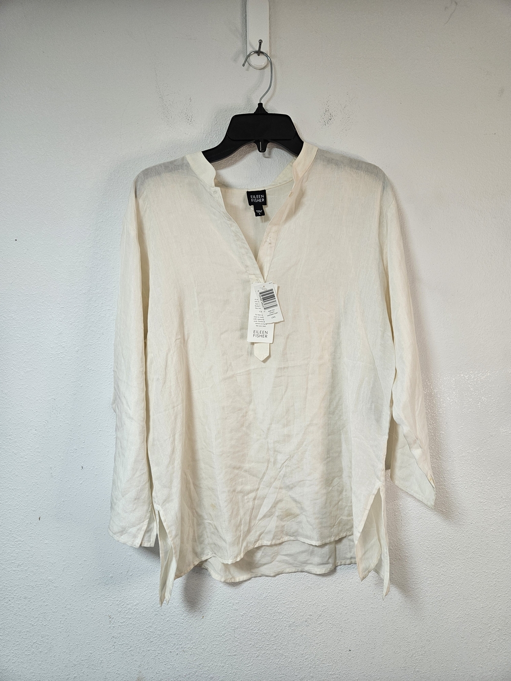 EILEEN FISHER Mandarin Shirt Silk Cotton Blouse White Large